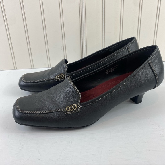 Aerosoles Black Leather Hi Power Square Toe Heeled Loafer 2” Heel Pump Sz 10 - Picture 6 of 14